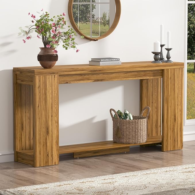 Extra Long Console Table with Storage, Farmhouse Wood Entryway Table with Thickened Base, Narrow Entryway Accent Table for Living Room, Hallway, Entrance, Walnut