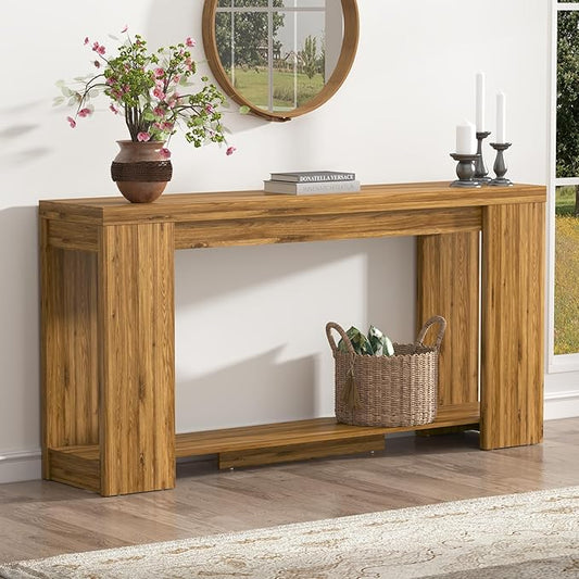 Extra Long Console Table with Storage, Farmhouse Wood Entryway Table with Thickened Base, Narrow Entryway Accent Table for Living Room, Hallway, Entrance, Walnut