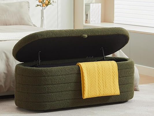 Storage Ottoman Bench End of Bed for Bedroom,45 inch Boucle Upholstered Entryway Shoe Seat Bench w/ Storage,Sherpa Modern Cute Padded Blanket Chest Stool Foot Rest for Living Room,Window Seating,Green