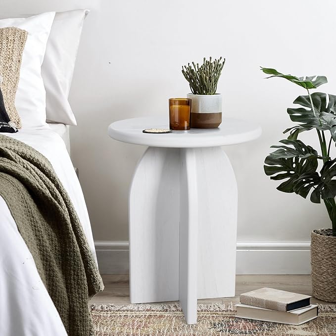 Oakrain Small Round Side End Table, Modern Nightstand Bedside Table, White Accent Pedestal Table for Living Room Bedroom Office Balcony