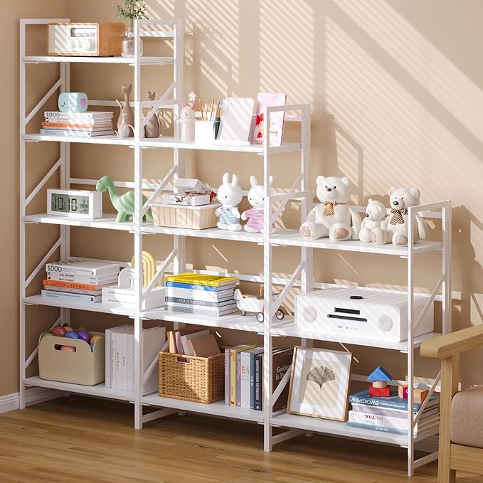 JSB No Assembly Folding Bookshelf, 4 Tier Industrial Metal Book Shelf for Storage, Vintage Wood Foldable Bookcase for Living Room, Bedroom, Office Organization Shelves