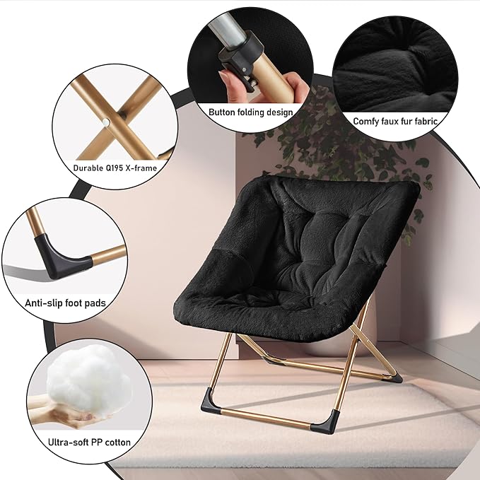 Comfy Oversized Saucer Chair, Soft Faux Fur Reading Lounge Chair for Adults, Stable X-Large Metal Frame and Non-Slip Pad, Foldable Cozy Chairs for Bedroom, Living Room, Dorm, Office, Black