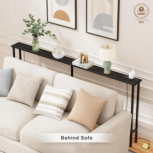 102" Narrow Console Sofa Table - 2 Power Outlets & 4 USB Ports, Metal Frame, Black, Perfect for Hallway, Office, and Behind Sofa - Easy Assembly, 4.9' Extension Cord Included