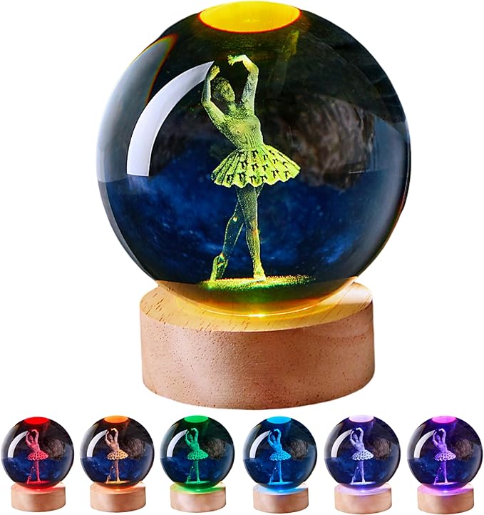 Ballet Crystal Ball Lamp with LED Wooden Base, 16 Colors Change & Remote Control Crystal Ball Dance Night Light, Upgraded 3.15 Inch Glass Light, Dancer Gift for Kids Wife Girlfriend (Ballet)