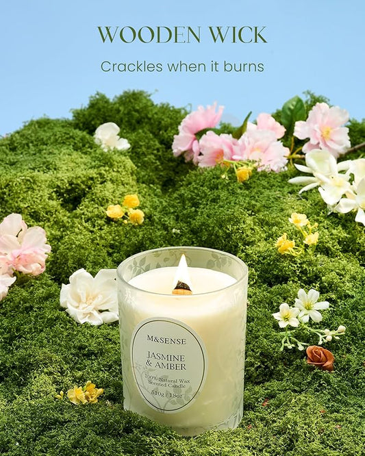 M&SENSE Jasmine Amber Candle, Cracking Wooden Wick Soy Wax, 18oz 100 Hours Long Lasting Clean Burn, Large Jar Candles for Home Scented, Non-Toxic Relaxing Aromatherapy Gifts for Women