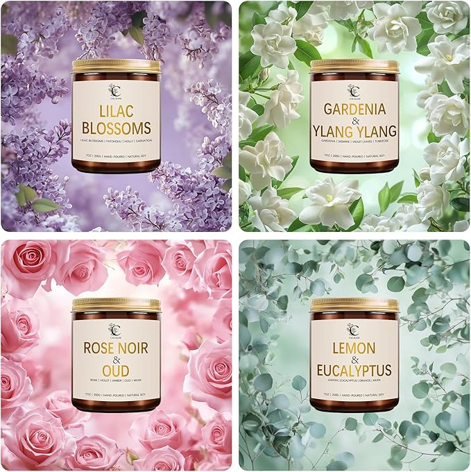 28oz Scented Candles Set, 4Pack Floral Chirstmas Halloween Candles 7oz Candle, Birthday Gifts for Women Long Lasting Soy Wax Candle Non Toxic for Home Decor Aromatherapy, Rose/Lemon/Gardenia/Lilac