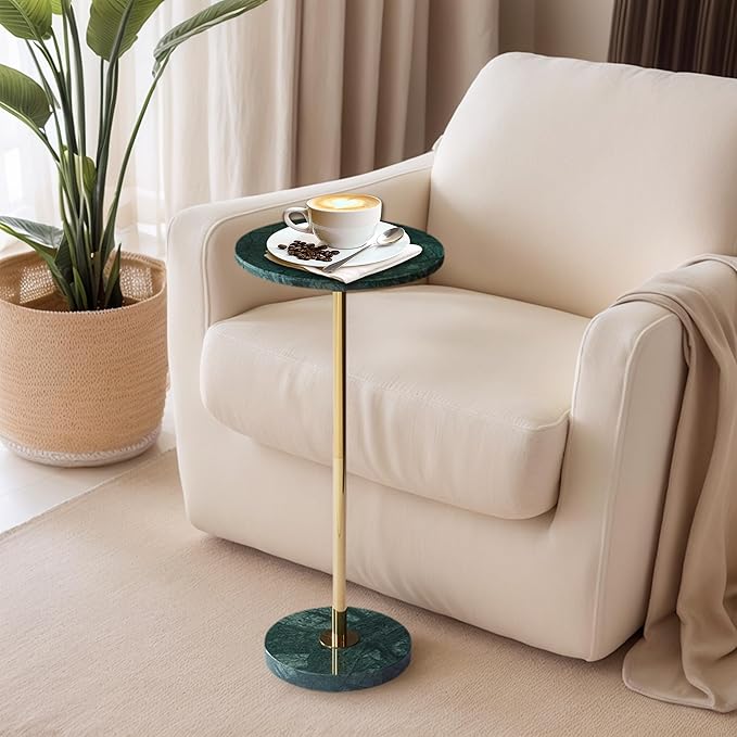 Premium Small Round Natural Marble Stone Pedestal Side Table, End Table, Mini Drink Table with Upgraded Weighted Marble Base, for Livingroom, Bedroom, Bathroom, Balcony, Small Spaces (Emerald Green)
