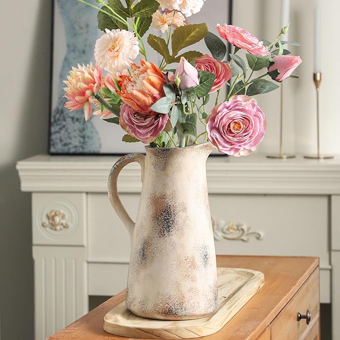 Ceramic Vintage Vase with Handle,12.2 inch Large Tall Handcrafted Pitcher Vase for Modern Farmhouse Decor, Ideal for Home Decor, Living Room, Table, Shelf