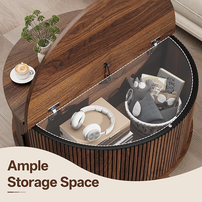 Mid Century Round Coffee Table, Fluted Center Table with Sliding Door, Modern Dining Table with Storage for Home Living Room Office, 31.5", Walnut