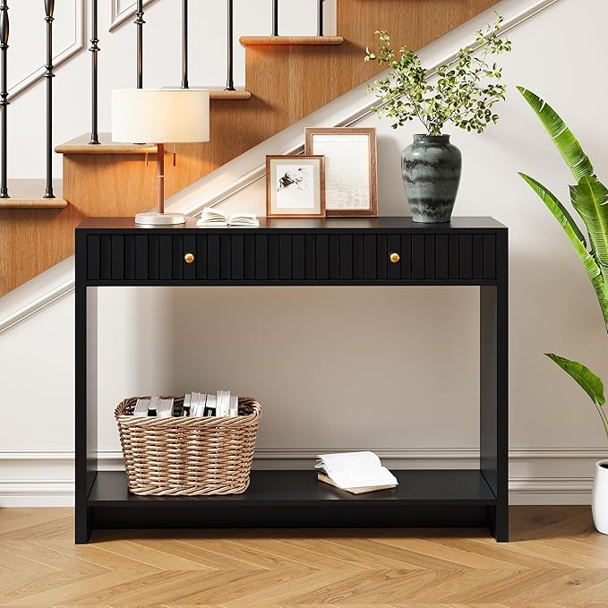 AVZEAR Entryway Console Table with Fluted Drawers, Mid Century Entryway Table with Storage, 43" Long Couch Table Behind Sofa Narrow Sofa Table Console Tables for Living Room Hallway Entrance, Black