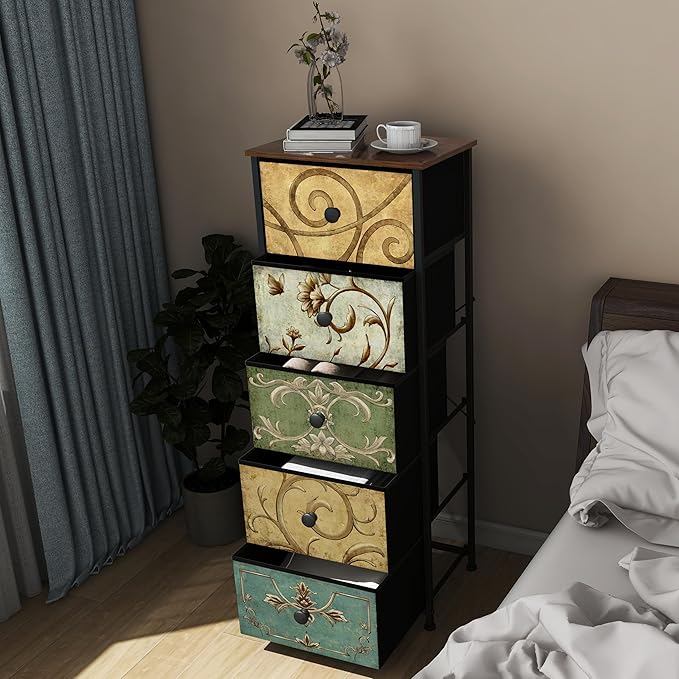 Tohomeor Small Dresser for Bedroom with Retro Flower Narrow Drawers Slim Chest of Drawers Skinny Nightstand Sofa End Table for Living Room Entryway Closet Storage (Multi, 5 Drawers)