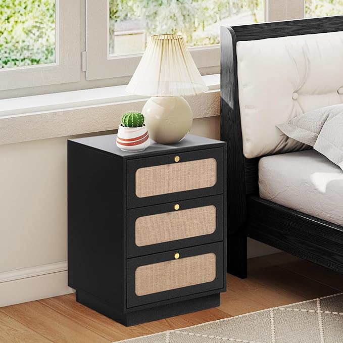 Modern Black Wood Nightstand Set of 2, 16" Small Night Stand with 3 Storage Drawer for Bedroom, Farmhouse Linen Decor Side End Table for Bedside, Living Room, Home Office (Black)