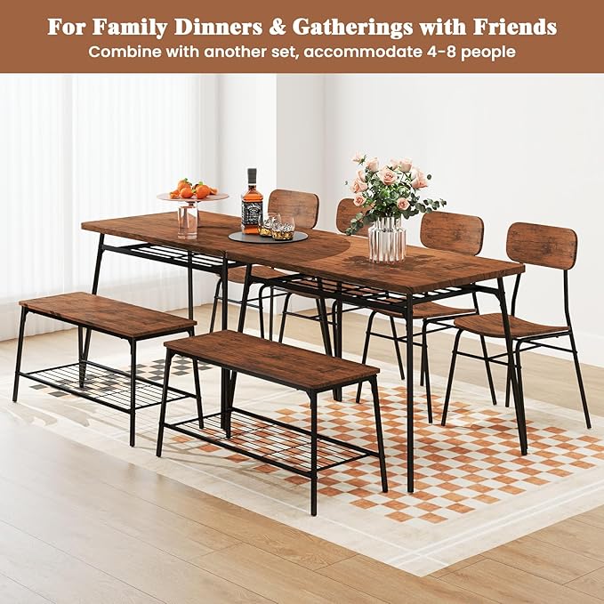 Tangkula Dining Table Set for 4, Square Kitchen Table & Chair Set w/Storage Rack, Metal Frame, Space-Saving Dinette Furniture Set with Bench for Breakfast Nook, Dining Room, Small Places
