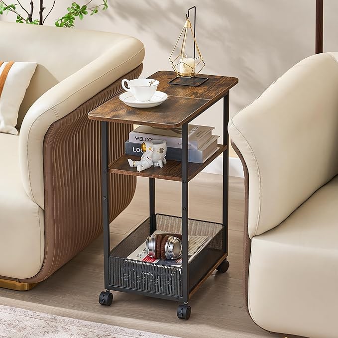 Side Table with Wheels, Narrow Side Table with 3-Layer Storage Shelves, Slim Nightstand, Metal Frame, for Small Spaces, Living Room, Bedroom, 23.6" D x 11.8" W x 25.2" H, Rustic Brown