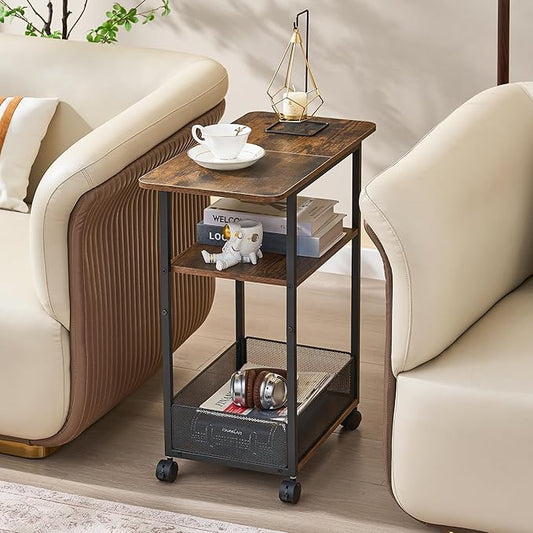 Side Table with Wheels, Narrow Side Table with 3-Layer Storage Shelves, Slim Nightstand, Metal Frame, for Small Spaces, Living Room, Bedroom, 23.6" D x 11.8" W x 25.2" H, Rustic Brown