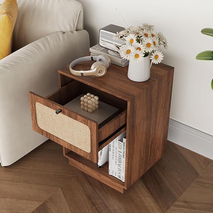 16" Nightstands Set of 2, Mid-Century Vintage Wooden Night Stand with Drawer and Open Shelf, Linen Decor Farmhouse Side Table End Tbale for Bedroom, Dorm, Living Room (Walnut)