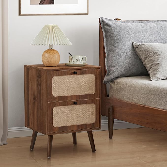 16" Wood Nightstand Set of 2, Farmhouse End Table with 2 Storage Drawer, Mid-Century Modern Bedside Table with Linen Decor, Minimalist Night Stand for Living Room, Bedroom & Small Space (Walnut)