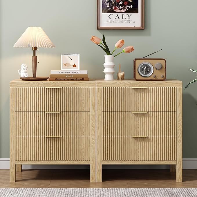 End Table with Storage, Wooden Farmhouse Nightstands with 3 Drawers, Bedside Table - Boho Tall Side Table Accent for Bedroom, Living Room, Nature