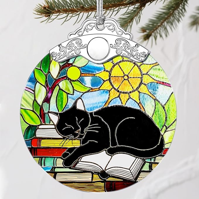 Stained Glass Black Cat Christmas Ornament: Christmas Tree Ornaments & Decor, Holiday Decor – Holiday Presents, Gift Exchange Ideas & Elegant Keepsake for Family, Coworkers & Friends