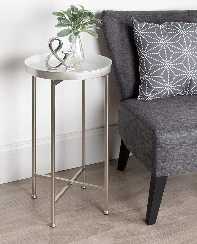 Kate and Laurel Celia Round Metal Foldable Tray Accent Table, White with Silver Base
