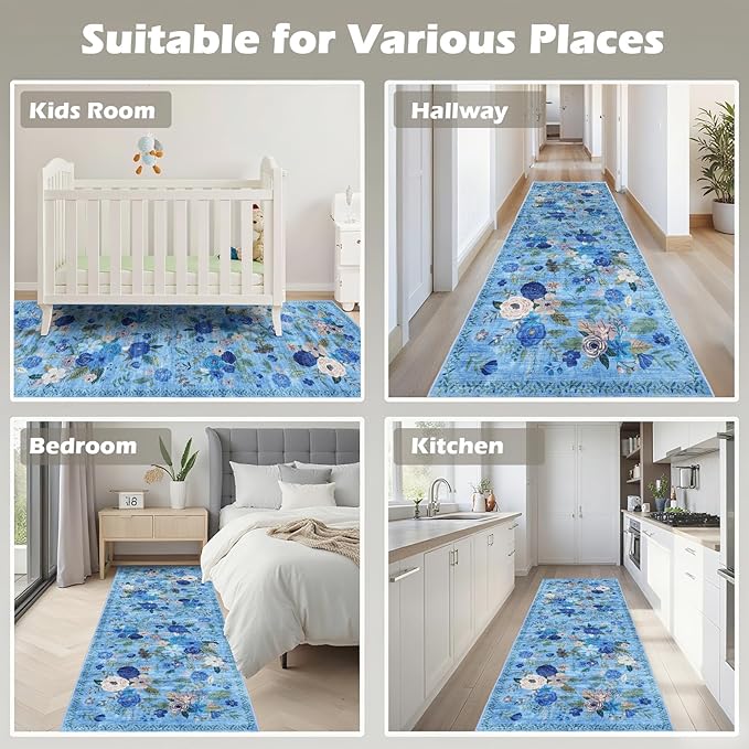 Rug for Hallways Kitchen Rug 2x8, Non Slip Washable Rugs with Rubber Backing Soft Floral Carpet Runner for Hallways, Kitchen, Laundry, Bedroom, Bathroom (2 x 8, Blue Lawn)