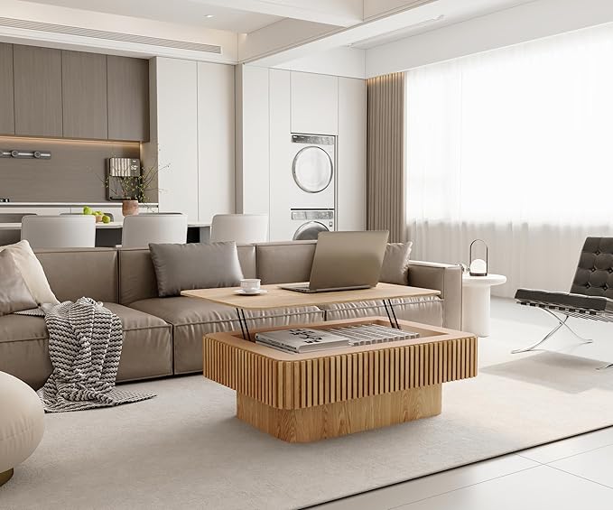 38.6'' Lift Top Fluted Coffee Table with Hidden Compartment, Modern Rectangular Wooden Center Table Cocktail Tea Table with Storage and Adjustable Height for Living Room Apartment,Natural