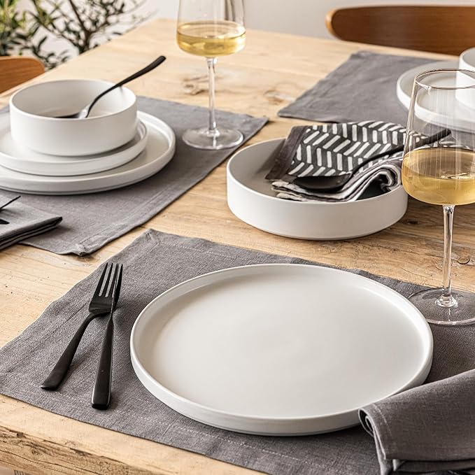 Over&Back Set of 4 Washed 100%-Linen Woven Placemats - Colorful Dining Table Mat - Machine Washable - Kitchen and Home Decor - Grey