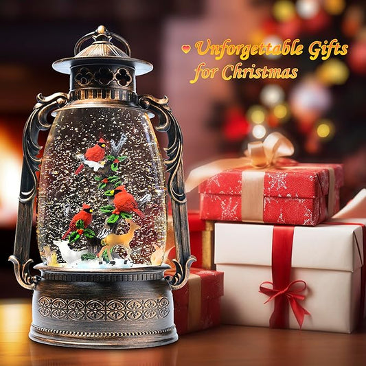 13.4" Christmas Snow Globe Lantern with Swirling Glitter Christmas Decorations Indoor, Cardinals & Rotating Tiny Animal Lighted Musical Snow Globes for Home Decoration USB Powered or Battery Operated