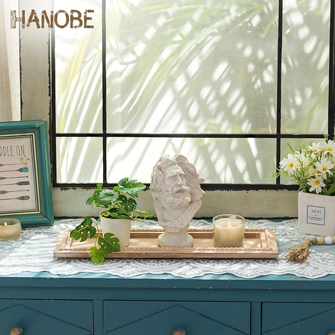 Hanobe Decorative Wood Candle Tray: Rustic Rectangle Beaded Centerpiece Table Decorations Farmhouse Long Narrow Tealight Candle Holders Plate for Dining Room Coffee Table Decor