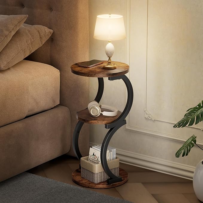 Small Side Table, 3-Tier Round End Table for Living Room, S-Shaped Accent Table for Small Spaces Sofa Couch Bedroom, Vintage Nightstand Wood Metal Coffee Table with Storage Shelf, Rustic Brown
