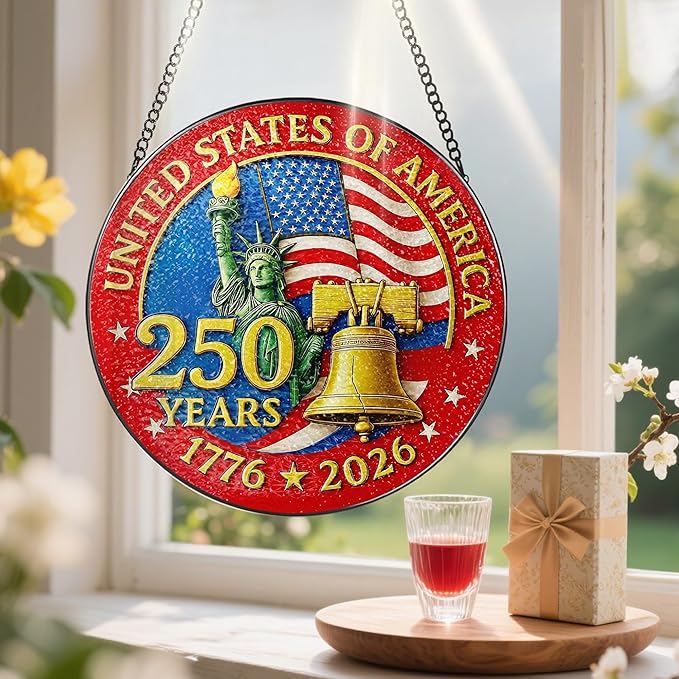 8-Inch 250 Years of America Stained Glass Ornament, Stained Glass Window Hanging, 1776-2026 Liberty Bell Decoration – American Independence Day, July 4 Decor | Gifts for Patriotic People