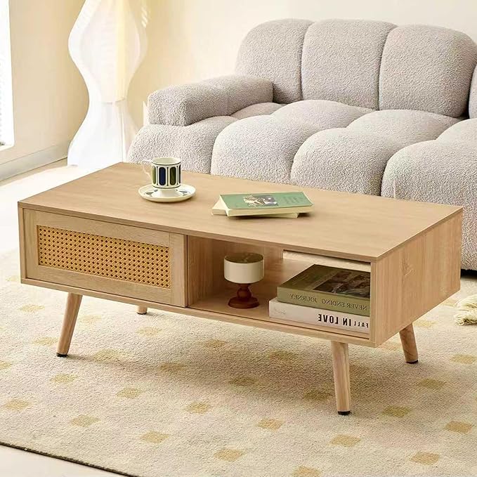 IANIYA 40.34" Boho Coffee Table, Rectangle Wooden Accent Center Tables, Living Room Table with Sliding PE Rattan & Solid Legs for Living Room, Apartment Small Space (Natural)