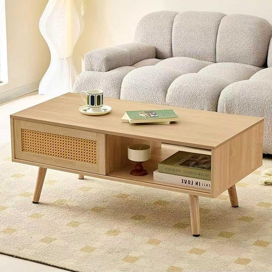 IANIYA 40.34" Boho Coffee Table, Rectangle Wooden Accent Center Tables, Living Room Table with Sliding PE Rattan & Solid Legs for Living Room, Apartment Small Space (Natural)