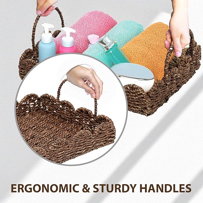 14" Handmade Wicker Tray with Scalloped Edge, Seagrass Basket with Handles, Decorative Boho Accent for Coffee Table or Ottoman, Holiday Serving