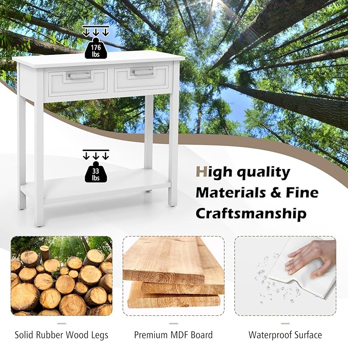 KOTEK Console Table with 2 Drawers & Shelf, Narrow Sofa Table with Rubber Wood Legs, Small Entryway Table for Living Room, Hallway, Office (White)