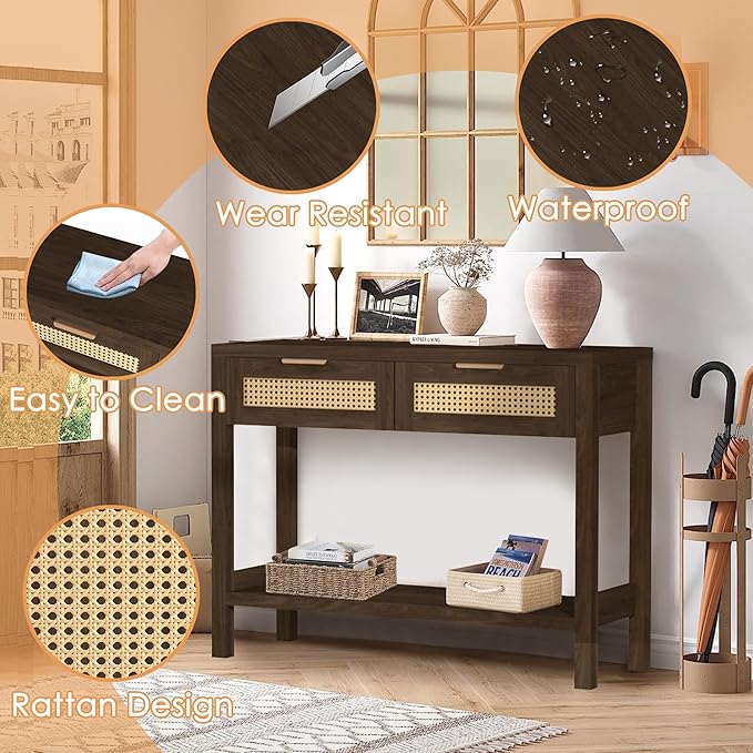 Rattan Console Table for Entryway, Boho Narrow Sofa Tables with Storage Shelf and 2 Drawers for Behind Couch Living Room, Hallway, Entrance, Brown Wood