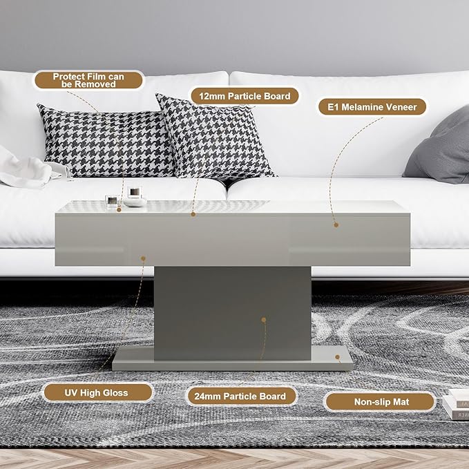 Led Coffee Table for Living Room, Living Room Table Rectangular Center Table, Modern High Glossy Wooden Coffee Tables with 16 Colors LED Lights for Dining Reception Room, Grey