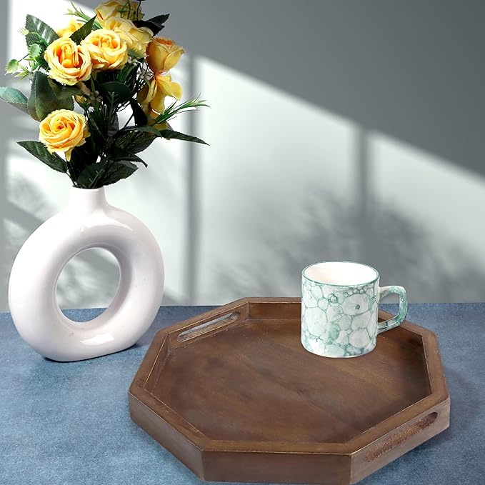 12" Rustic Wooden Serving Tray - Decorative Wood Serving Tray with Handles for Coffee Table, Breakfast in Bed, Food Dinner, Rustic Octagonal Tray (Walnut) - CLEENTABLE