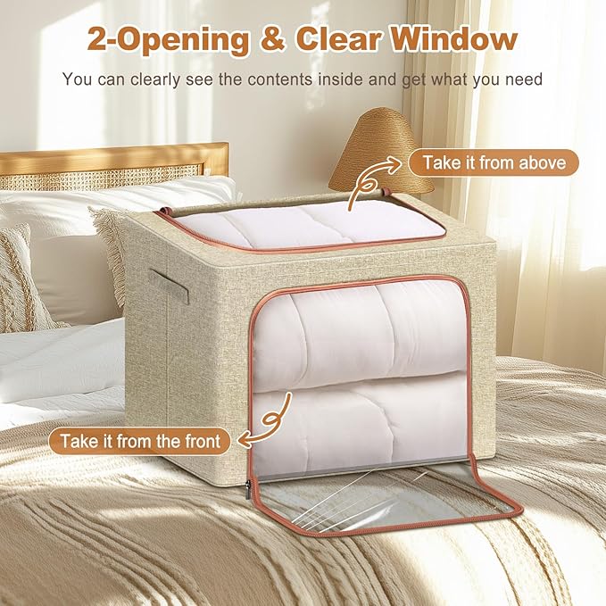 3 Pack Foldable Storage Bins with Metal Frame, Large Capacity Stackable Clothes Organizer with Clear Window & Carry Handles, Linen Fabric Storage Boxes for Closet (Beige, 3PCS-Large-66L)