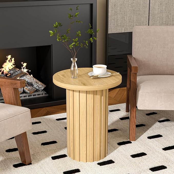 Farmhouse Pedestal End Table Round Side Table with Fluted Panel Rustic Drink Table for Small Space Living Room (Wood Color)