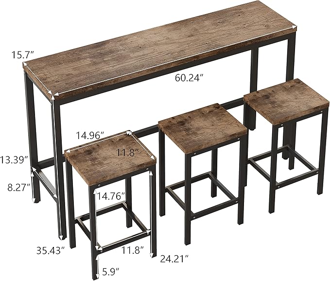 Merax 4-Piece Counter Height Extra Long Dining Table Set with 3 Stools and Footrest, Modern Design Kitchen Dining Table, Pub Table, Long Dining Table Set, Natural