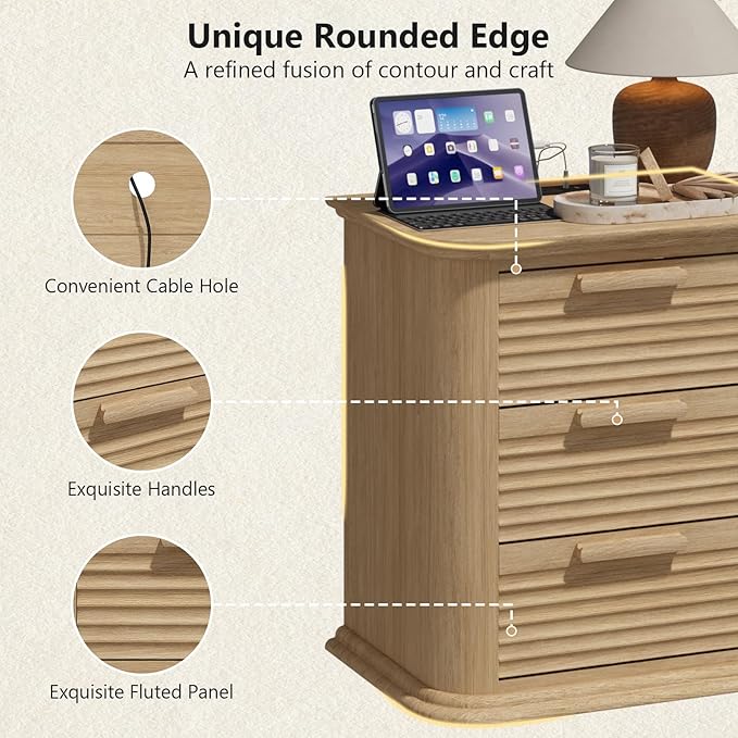 22'' Fluted Nightstand with Charging Station, Modern End Table with 3 Drawers and Storage, Wood Night Stand with Round Corner, Side Table Dresser for Bedroom, Living Room, Curved Profile, Natural Oak