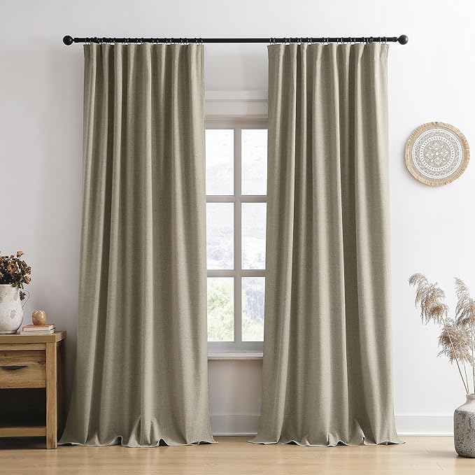 RAIN CITY Taupe Blackout Linen Blend Curtains 2 Panels,70 Wide Back Tab Pinch Pleated Look Window Drapes with Hooks,Track System Curtain Panels for Sliding Door Modern Farmhouse 70x96 Inch 70x8ft