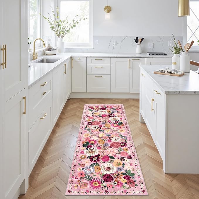 Pink Rug for Hallways Kitchen Rug 2x6, Non Slip Washable Rugs with Rubber Backing Soft Floral Carpet Runner for Hallways, Kitchen, Laundry, Bedroom, Bathroom (2 x 6, Pink Lawn)
