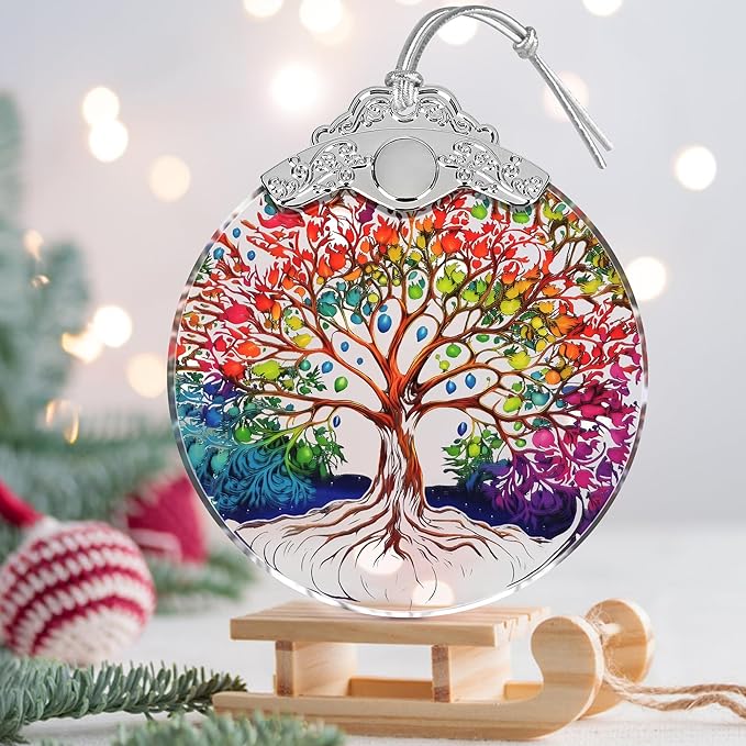 Stained Glass Tree of Life Christmas Ornament - Holiday Home Decor - Gift Exchange Present Ideas