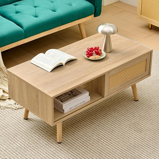 IANIYA 40.34" Boho Coffee Table, Rectangle Wooden Accent Center Tables, Living Room Table with Sliding PE Rattan & Solid Legs for Living Room, Apartment Small Space (Natural)