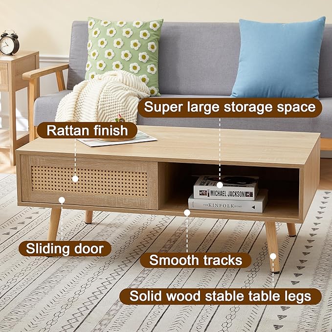 IANIYA 40.34" Boho Coffee Table, Rectangle Wooden Accent Center Tables, Living Room Table with Sliding PE Rattan & Solid Legs for Living Room, Apartment Small Space (Natural)