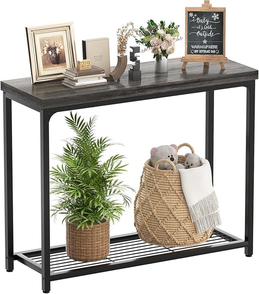 Console Table, Entryway Table, Sofa Table with Mesh Shelves, Console Tables for Living Room, Bedroom, Hallway, Entryway, Foyer (2 Tier, Oak Grey, 32 inch)