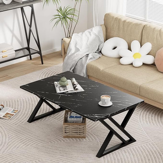 Coffee Table Living Room Table Black Center Table, Simple Modern Faux Marble Rectangular Tea Table with Sturdy Black-Finished Metal Frame,Industrial Wooden Coffee Table for Bedroom Home Office