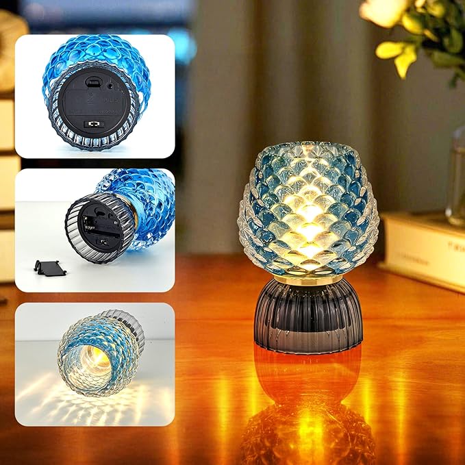 Battery Operated Lamp with Timer, Cute Small Cordless Glass Table Lamp for Home Decor, Kitchen, Bathroom, Birthday Gift for Women, Pinecone, Blue